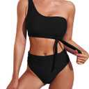 Pink Queen Women's One Shoulder High Waisted Bikini Set Two Piece Tie Ruched Swimsuit (Medium, Black)