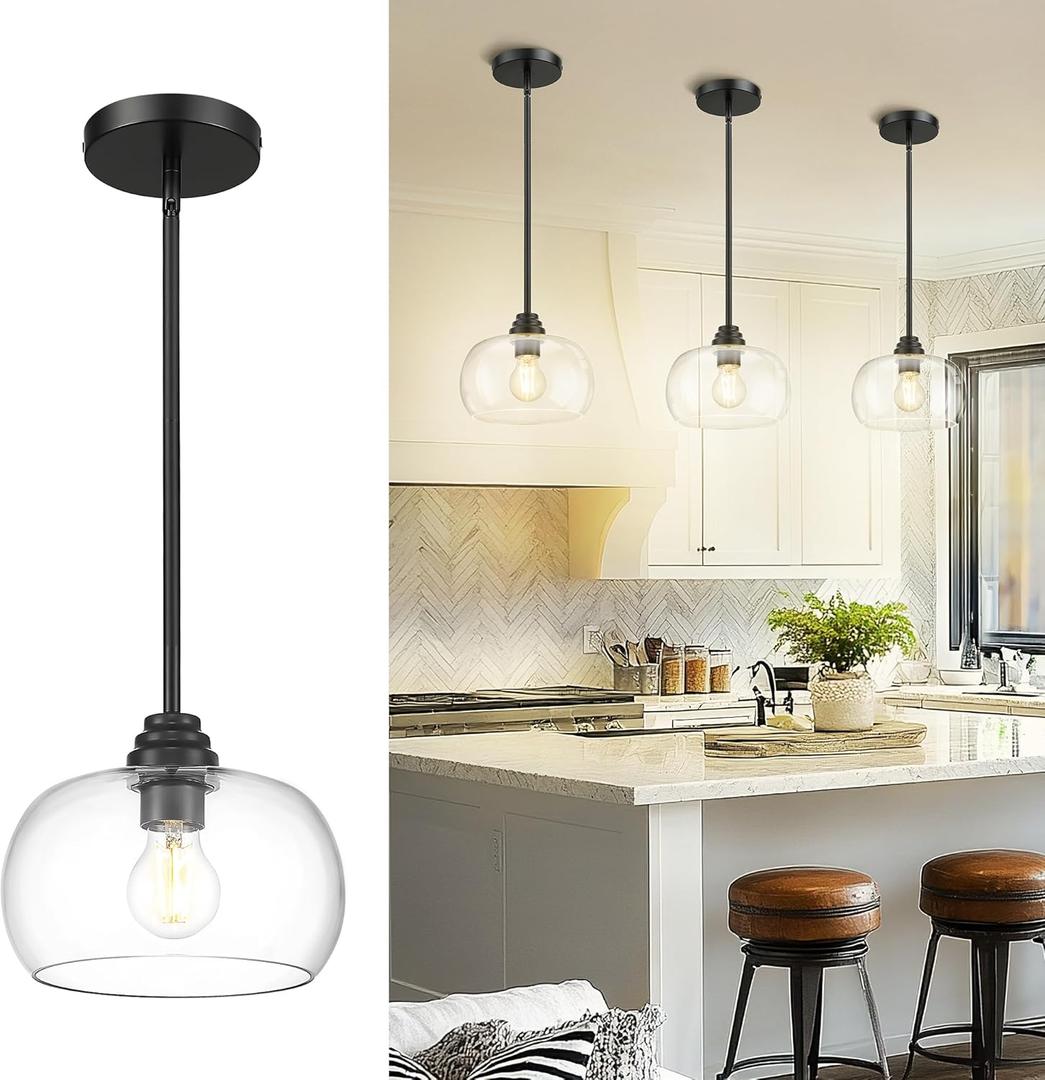 AUTELO Black Pendant Lights Kitchen Island, 1-Light Pendant Lights in Black Finish with Clear Glass, Modern Pendant Light Fixtures, Hanging Lamp for Kitchen Island H9385 BK-R