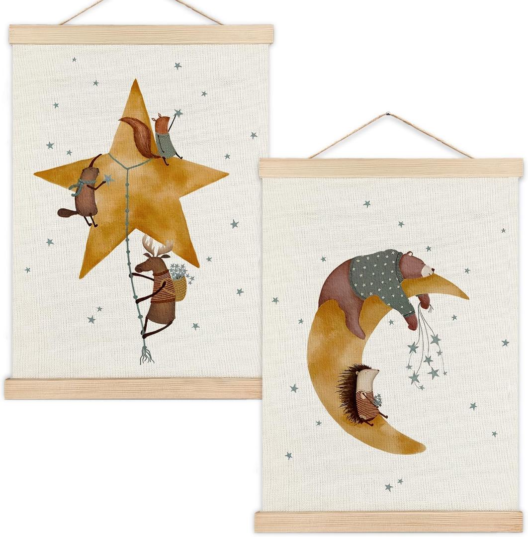 RYYCDOI Nursery Wall Decor, Whimsical Star Moon Nursery Wall Art Poster, Celestial Wall Decor, Cute Animal Nursery Wall Decor for Kids Baby Boy Girl Room Playroom, 12x16 Inches Set of 2
