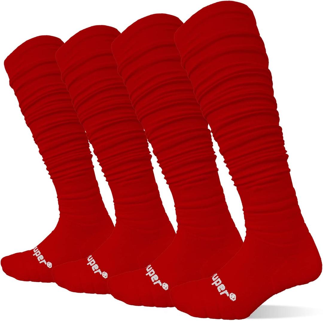Youper Scrunch Padded Football Socks 2 Pack, Extra Long Sports Soccer Socks for Men & Boys (Medium, Red)