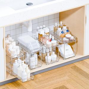 Yieach 4 Set Bathroom Organizers and Storage,2 Tier Clear Under Sink Organizer and Medicine Cabinet Organizer for Kitchen,Pantry Storage,Pull Out Drawers for Skincare,Pill Bottle,Spice Organization