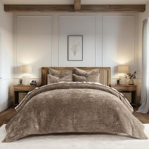 EVERGRACE Velvet Quilt Set King Size, Luxurious Soft Striped Channel Bedding Set, Lightweight Velvet Comforter for All Season, Oversized Bedspread Coverlet with 2 Matching Shams, Mocha Brown