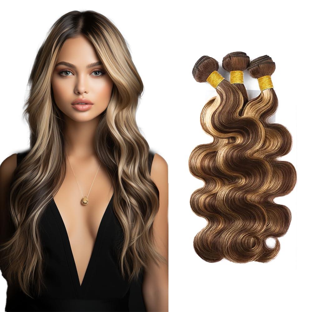 P4/613 Human Hair Highlight Brown Bundles Ombre Blonde Body Wave Human Hair Bundles Brazilian Human Hair Double Weft Soft And Silky Remy Hair Extensions for Black Women 10 12 14 Inch