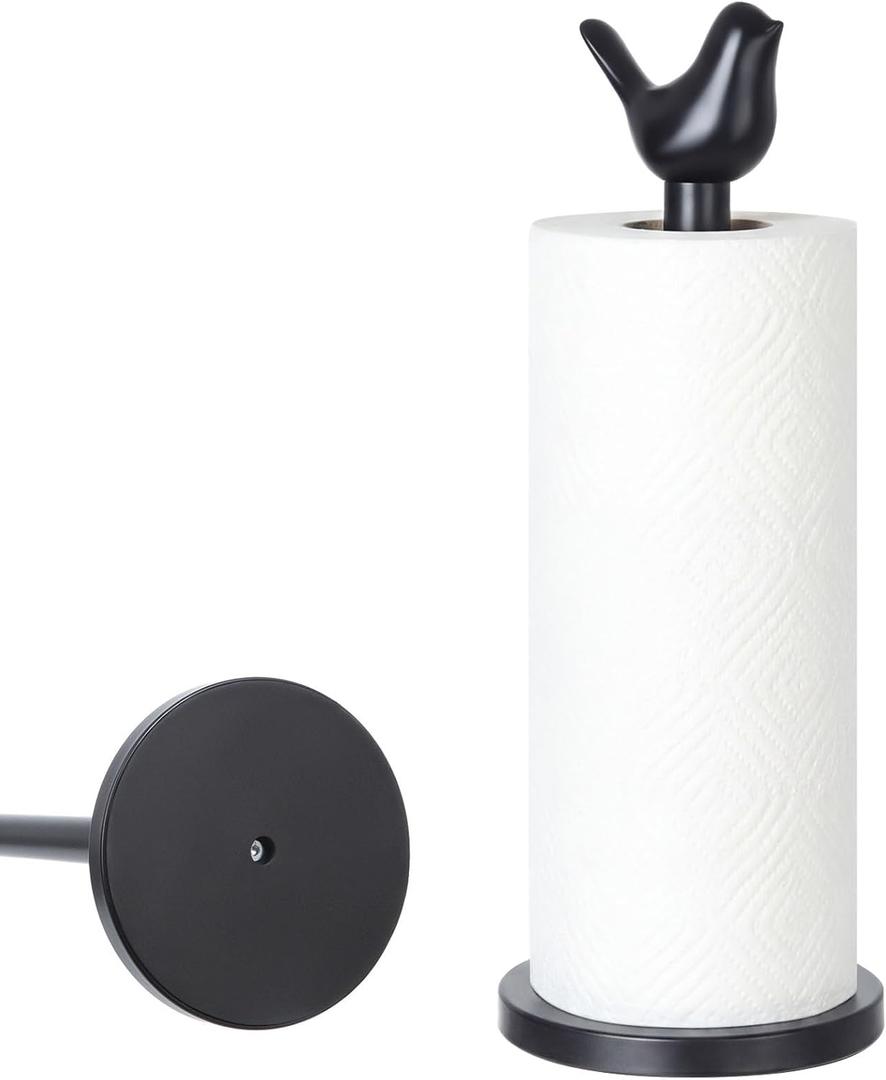 Bird Paper Towel Holder Kitchen Decor Detachable Paper Towel Holder Stainless Steel for Bedroom Toilet Countertop Accessories Fit Standard, Large Rolls with Anti-Slip Base(Black), 15.7 inches , 5.9 inches