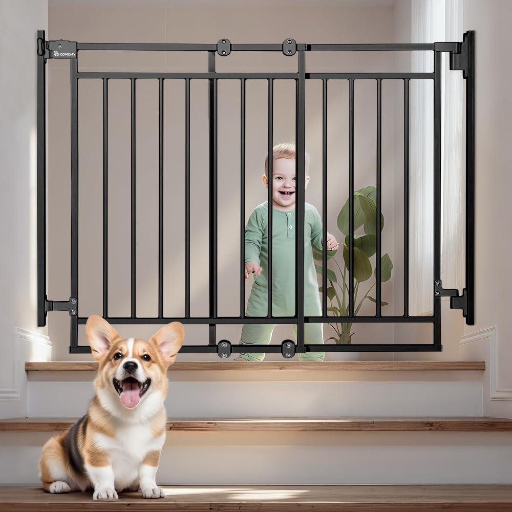COMOMY 27.5-43" Baby Gate No Bottom Bar for Stairs and Doorways, 2-in-1 Auto Close Dog Gate Indoor for the House, Hardware Mounted Pet Gate with Large Walk Thru Door, Child Safety Gate for Dogs, Black