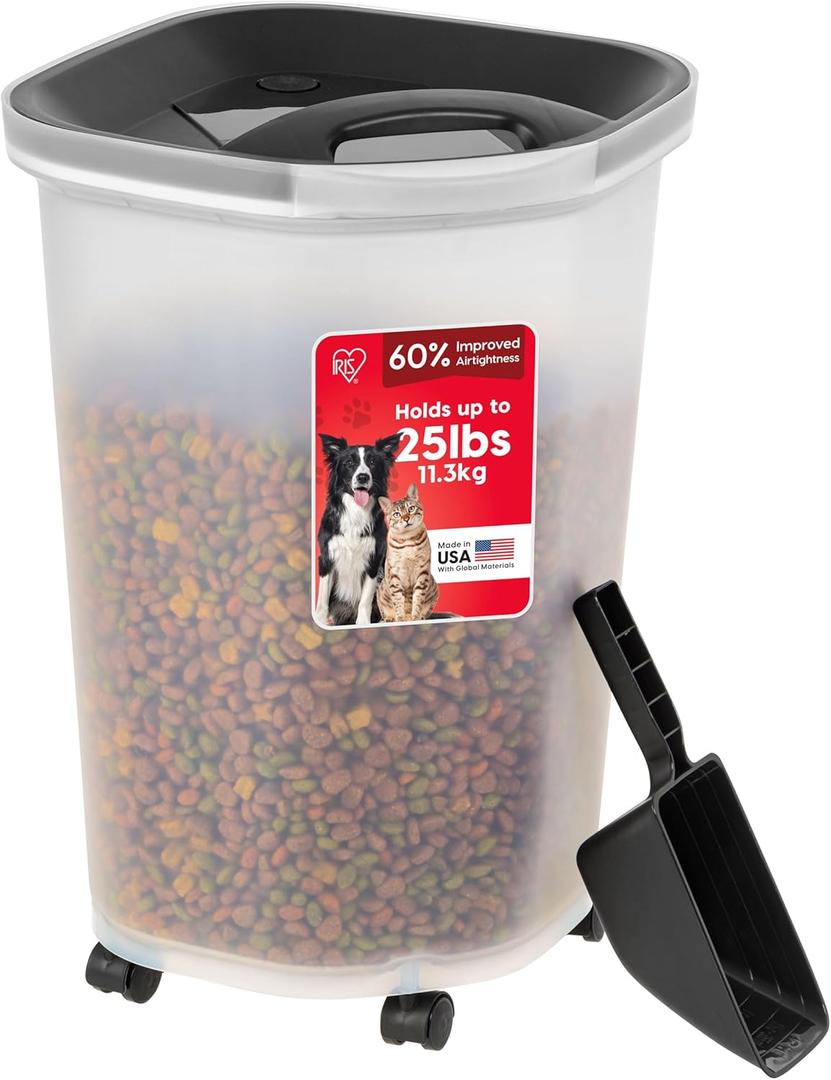 IRIS USA Dog Food Storage Container, Up to 25 lbs, Black, Made in USA
Includes 2-Cup Scoop & Wheels, Airtight Seal, BPA-Free, Bird Seed, Cat food, Chicken Feed, Treats, Keeps Kibble Fresh