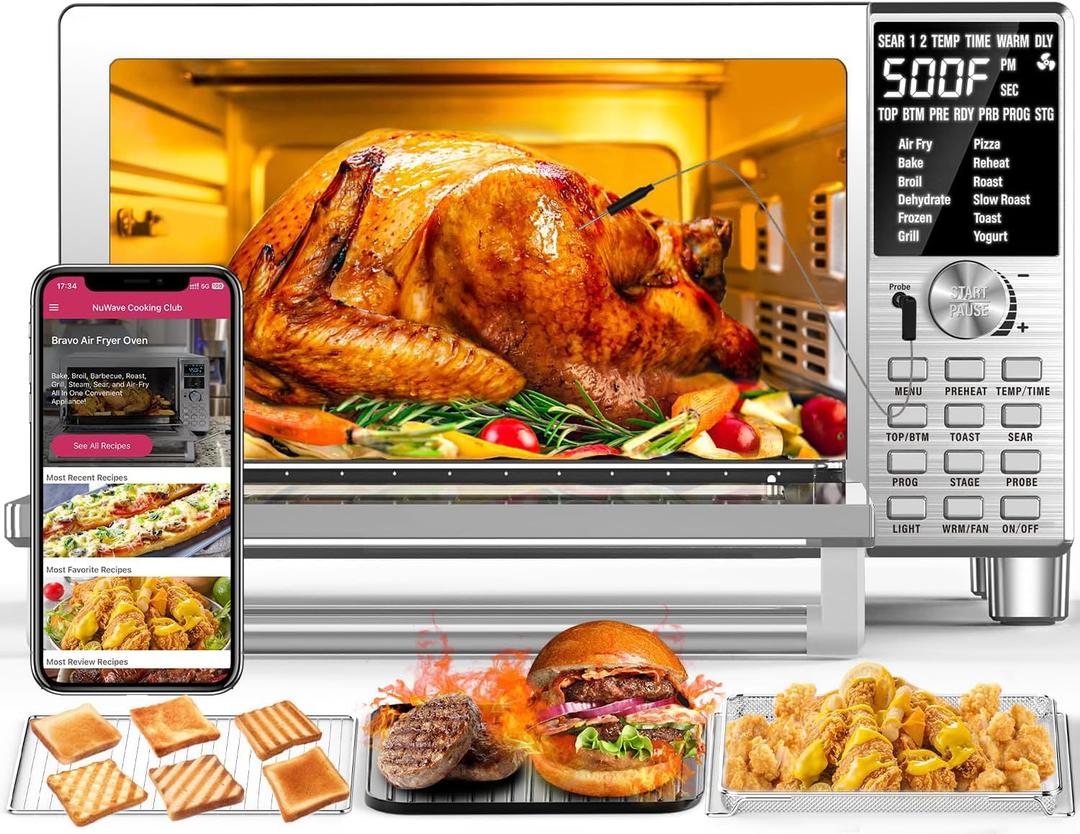 Nuwave Bravo XL Air Fryer Toaster Smart Oven, Countertop Grill/Griddle30-Qt XL Capacity, 50F-500F Adjustable in Precise 5F Increments, Integrated Smart Thermometer, Linear T Technology