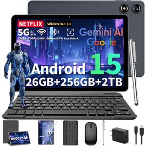 2026 10 Inch Tablet, Android 15 Tablet with Keyboard, 24GB RAM + 256GB ROM (2TB Expand), Tablets PC with 8-Core, Gemini AI, 5G WiFi, 8000mAh, BT5.0,GPS, 2-in-1 Tablets with Mouse, Case, Stylus(Silver)