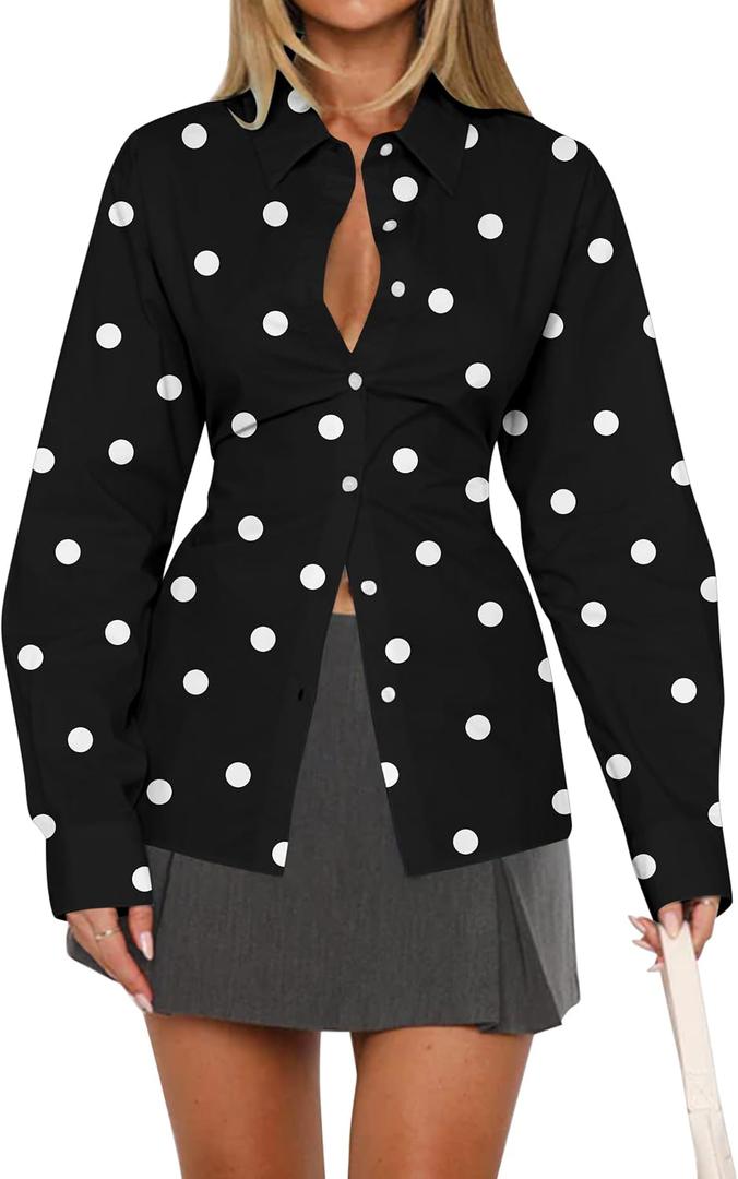HOCANDY Women Long Sleeve Button Down Shirt Tie Back Cinched Waist Lapel Collar Corset Blouse Work Casual Dressy Tunic Shirt (Medium, Polka Dot Black)