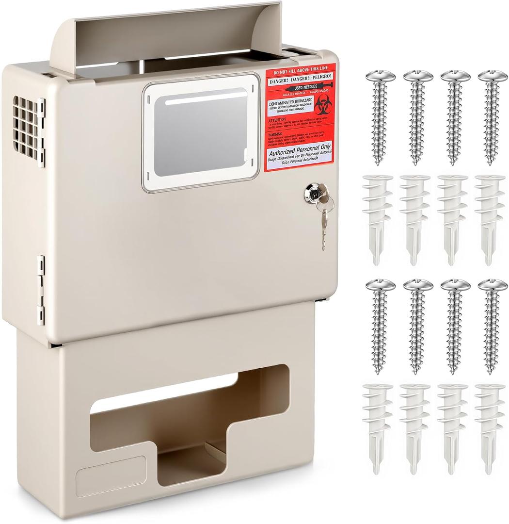 Novabright Wall Mount Locking Cabinet with Glove Box, Wall Enclosure for 5 Qt Sharps Containers for Home Use, Sharp Box Not Included (1 Set)