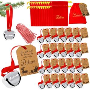 24 Set Christmas Believe Bell Ornaments, Polar Express Bell, Silver Sleigh Bell, Christmas Favors Bulk Tree Bell Decoration Holiday Treat Gifts for Kids & Adults