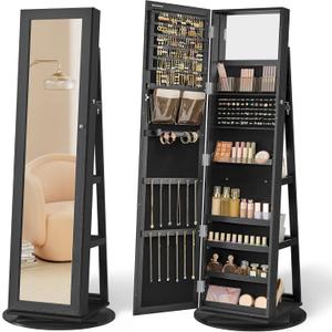 SONGMICS 360 Swivel Jewelry Cabinet, Lockable Jewelry Organizer with Full-Length Mirror, Rear Storage Shelves, Interior Mirror, Jewelry Armoire, Gift Idea, Black UJJC006B01