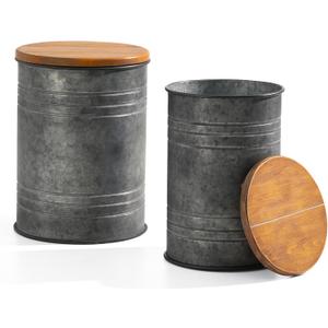 Glitzhome Rustic End Table Set of 2, Farmhouse Galvanized Metal Barrel Ottoman Storage Stool with Round Wood Lid for Living Room Furniture, Grey
