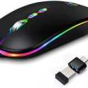 LED Wireless Mouse, Slim Rechargeable Silent Bluetooth Mouse, Portable USB Optical 2.4G Wireless Bluetooth Two Mode Computer Mice with USB Receiver and Type C Adapter (Black)