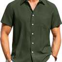 Alimens & Gentle Mens Linen Shirts Short Sleeve Button Down Shirts Wrinkle Free Casual Vacation Beach Summer Tops (Green, M)