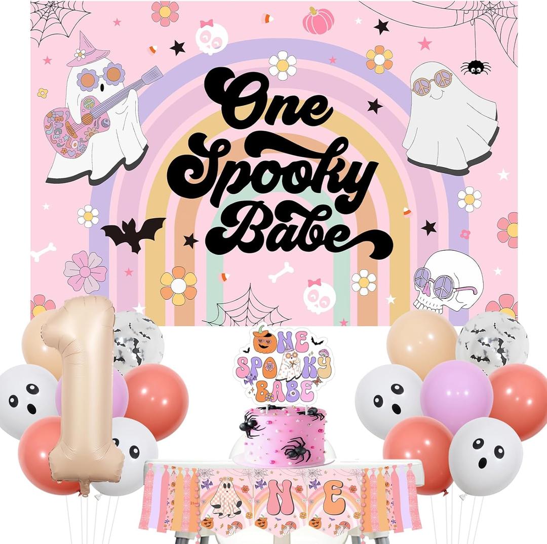 2 x Halloween 1st Birthday Decorations Girl - One Spooky Babe Backdrop, Cake Topper, High Chair Banner, Balloons, Halloween Retro Daisy Groovy Hippie Spooky One Birthday Party Decorations