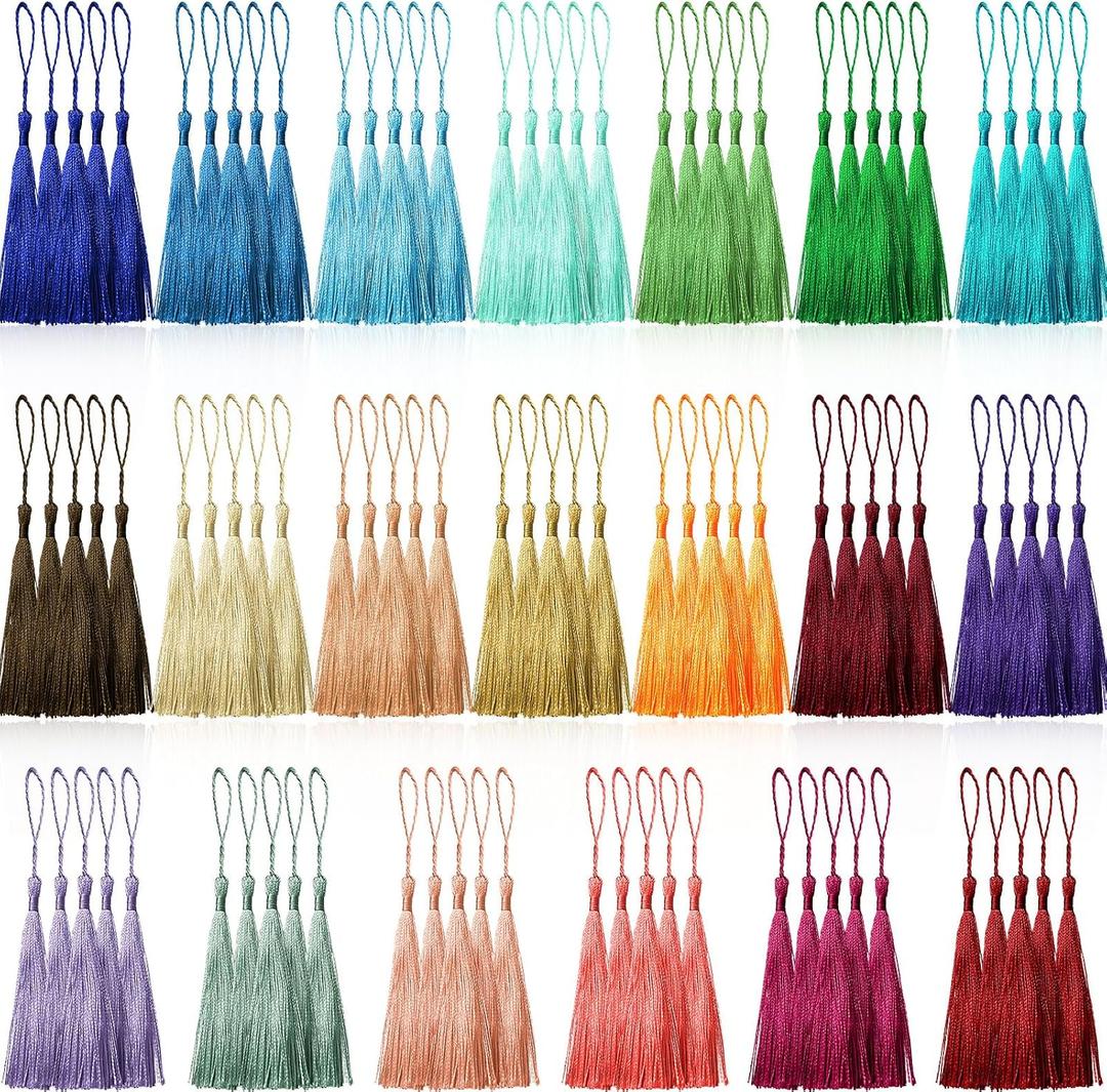 Creatrill 100 Pcs 13cm/5 Inch Silky Handmade Soft Craft Mini Tassels with Loops for Jewelry Making, DIY Projects, Bookmarks, 20 Colors, 5 Pcs of Each