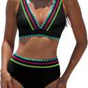 popvil High Waisted Bikini Set for Women Two Piece Tummy Control Swimsuit Color Block Bathing Suit Beach Vacation 2026 XL