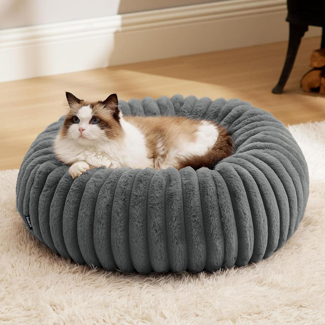 Bedsure Cat beds for Indoor Cats - Donut Dog Beds for Small Dogs with Corduroy Fleece & Anti Slip Bottom, Faux Fur Pet Beds with Washable Removable Cover, Warm Grey, 20x20x6 inches