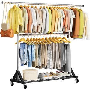 Luxspire Heavy Duty Clothes Rack Load 600 LBS, Double Rod Clothing Rack, Rolling Garment Racks with Lockable Wheels, Shelves, Adjustable Laundry Hanging Racks for Clothes (Black+Silver)