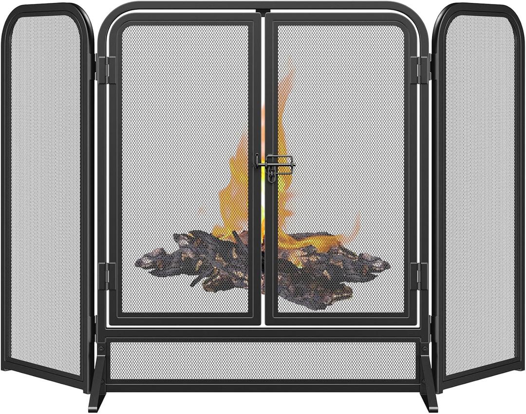 Mr IRONSTONE 3 Panel Fireplace Screen 51.5" W x 32.5" H Modern Foldable with Wrought Metal Decorative Mesh, Heavy Duty Fire Spark Guard Cover for Home Decor Indoor, Black