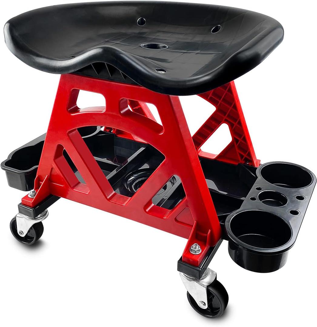 Durable Mechanic Stool Chair with Wheels, Heavy Duty Garage Shop Stool On Wheels, Rolling Stool Car Detailing Creeper Seat with Tool Tray for Workshop, Auto Repair Shop and Home, L 17.7" X W 13.38"