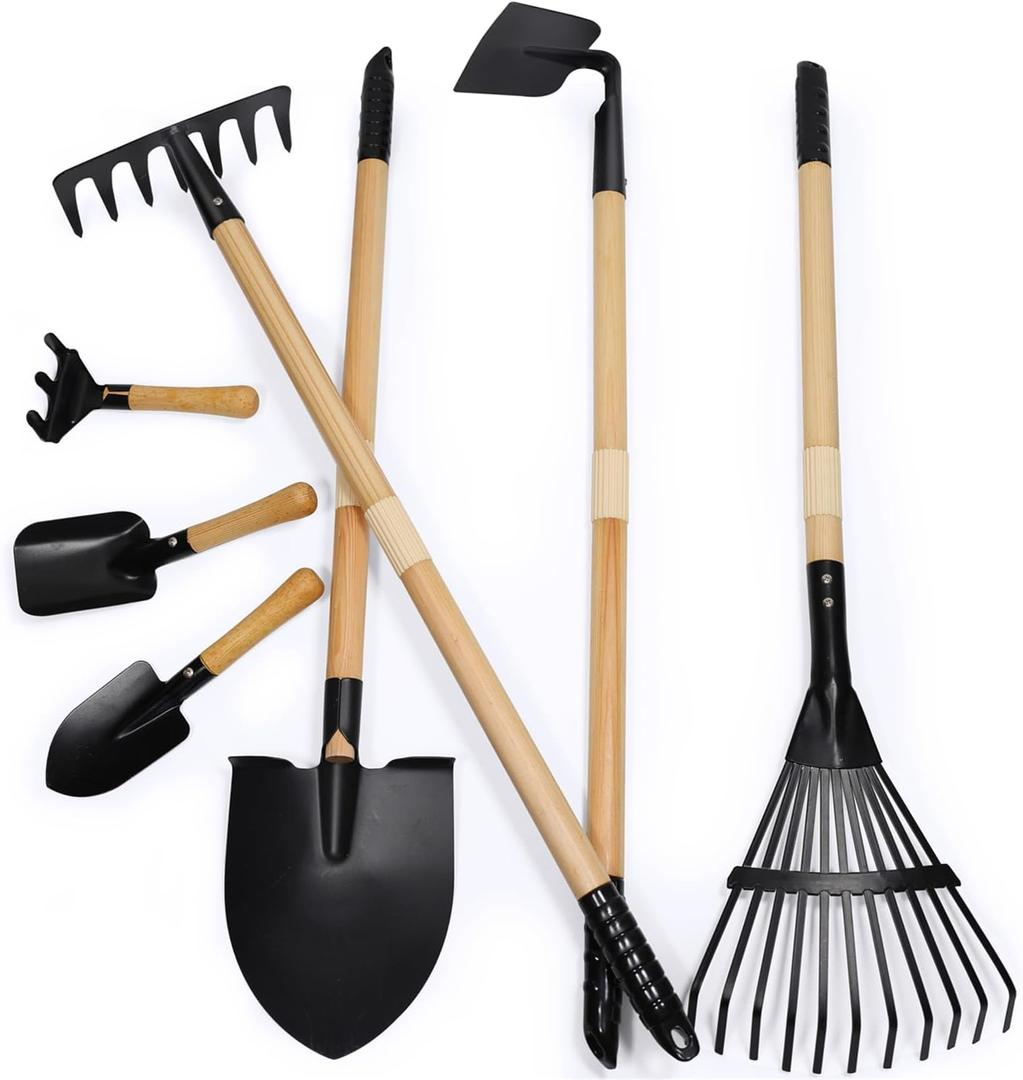 7PCS Kids Gardening Tools, Long Shovel, Rake for Leaves, Spade, Hoe, Steel Heads & Real Wood Handle, Yard Tools for Children Toddlers Gifts (Black)
