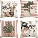 AVOIN colorlife Pink Christmas Snowman Reindeer Gloves Eucalyptus Throw Pillow Covers, 18 x 18 Inch Winter Holiday Stripes Cushion Case Decoration for Sofa Couch Set of 4