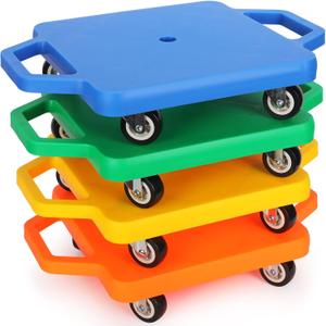 Jerify 4 Pieces Sports Scooter Board with Handles Plastic Casters Floor Sitting Scooter Boards for Kids Children Gym Indoor Outdoor Activities Play Equipment, 11.22 x 11.22 inch (Colorful)