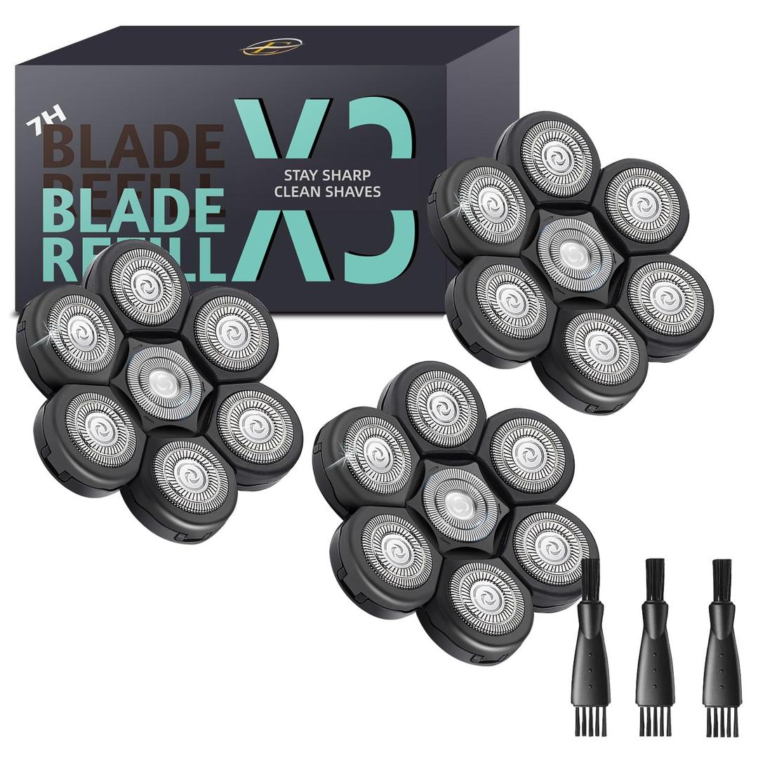 Bald Head Shaver Replacement Blades for Head Shaver, Premium 7 Blades Shaver Replacement Heads for Universal Head Shavers and Freedom Bald Men Grooming, 3 Cleaning Brush, 3 Pack
