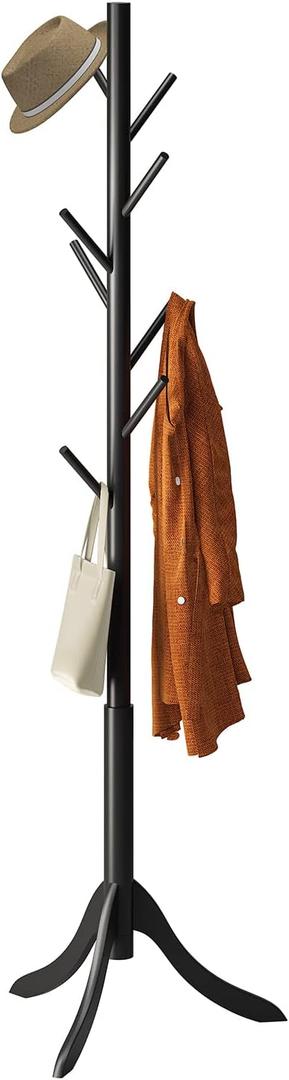 Coat Rack Freestanding, Coat Stands Entryway, Bamboo Coat Rack Hat Hanger 8 Hook for Jacket, Purse, Scarf Rack, Umbrella Tree Stand (Black)
