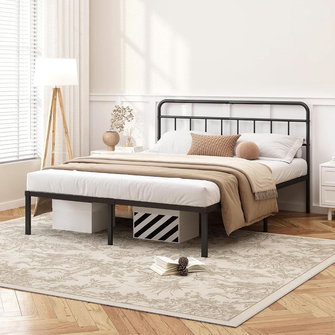 Kujielan 12 inches Queen Size Bed Frame with Minimalist Headboard, Black