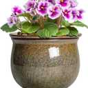 Self Watering Planters for Indoor Plants, 6 Inch Ceramic African Violet Pots with Absorbent Inner Pot, Ceramic Plant Pot, Round Flower Pots, Bathroom Decor, Housewarming Gifts, Yellowish Brown