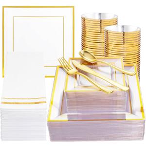 Festiva 350Pcs Clear Plastic Plates with Gold rim - Clear Gold Disposable Dinnerware for 50 Guests include Square Plastic Plates/Cups/Cutlery/Napkins Perfect for Birthday Party & Wedding