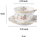 6 oz Vintage flower Ceramic cup and 6" saucer set with Brand customized stainless steel spoon Gifts for Afternoon Tea Coffee Hour(C)