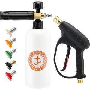 JOEJET Pressure Washer Gun with Foam Cannon, Car Wash Foam Gun with 1/4 Quick Connector, 5 Pressure Washer Nozzle Tips, 1 Liter