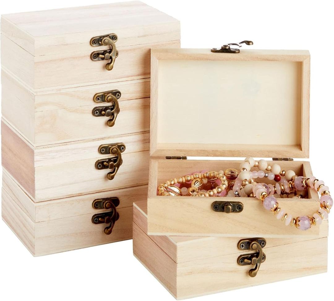 Juvale Unfinished Wooden Boxes for Crafts with Hinged Lids and Front Clasps for Jewelry, Crafts, Storage (6x4x2 In Wooden Box) 6 Pack