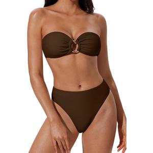 SUUKSESS Women Bandeau O Ring Bikini Sets Tie Back High Waisted 2 Piece Swimsuit (Medium)