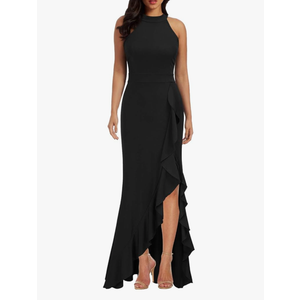 WOOSEA Women's High Neck Split Bodycon Mermaid Evening Cocktail Long Dress, L, Black