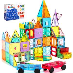 Anbalulu Magnetic Tiles 100PCS with 2 Cars, STEM Educational Building Blocks for Kids Ages 3-9, Magnet Construction Toys Gift for Toddlers
