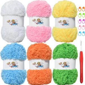 SIMEIQI 6 PCS Soft Coral Velvet Chenille Yarn for Crocheting,Fluffy Yarn for Knitting and Crochet DIY Craft,Warm Crochet for Bag Hat Scarve Gloves Slippers Dolls MulticolorA