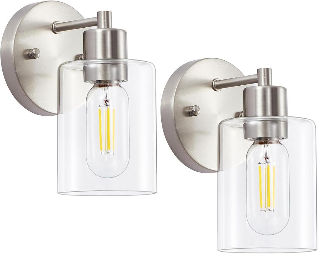 Wall Sconces for Bathroom, Brushed Nickel Vanity Light Fixtures, Modern Wall Mount Lighting Lanterns, Farmhouse Wall Lamps with Clear Glass Shade for Bedroom Living Room Mirror Hallway Porch (2PACK)