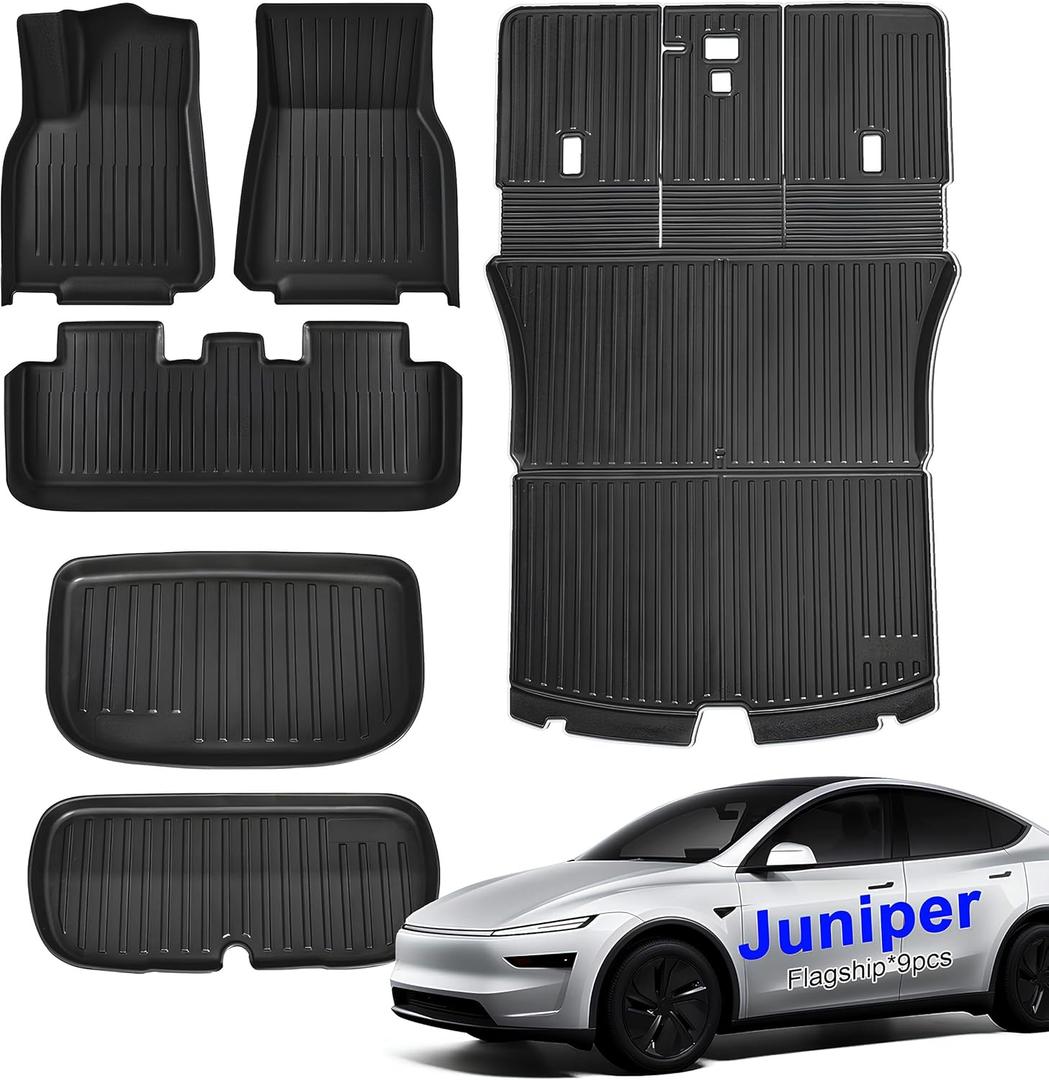 SUPER LINER Tesla Model Y Floor Mats 2025 2026 | Custom Fit All-Weather 9-Piece Set TPE Material| Model Y Juniper Floor Mats Back Seat Protector,Cargo Liner, Trunk & Interior Accessories 5-seat