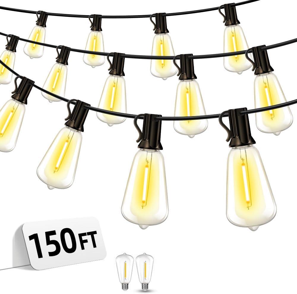 Outdoor Patio String Lights 150ft: ST38 LED Shatterproof Bulbs 3 Modes Button Control - Waterproof Connectable Lights - Wedding Bistro Party Gazebo Backyard Decorative