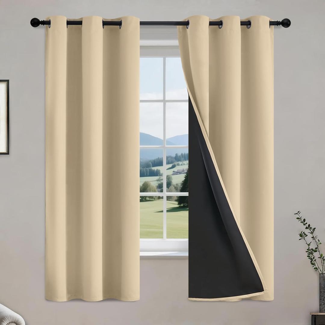 COSVIYA 100% Beige Blackout Curtains for Bedroom Kids Room 63 Inches Length 2 Panels Set, Full Light Blocking Thermal Insulated Grommet Nursery Window Treatment Drapes with Black Liner,W40 x L63