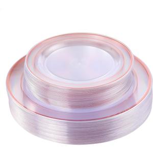 I00000 60 Pcs Rose Gold Plastic Plates, Disposable Party Set Include: 60 Clear Plastic Plates with Rose Gold Trim for dinner and dessert Perfect for Holidays, Wedding & Party Supplies