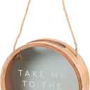 Primitives by Kathy Take Me to The Ocean Hanging Shell Holder, round wooden frame with glass display window and attached rope for hanging on wall.