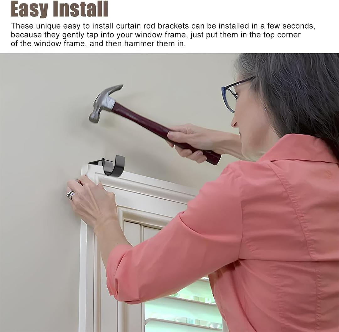 8Pcs Easy Curtain Rod Brackets No Drill Heavy Duty Curtain Rod Hooks for 1.18 Inch Drapes Rod, Curtain Rod Hangers Bracket Tap Right Into Window Frame