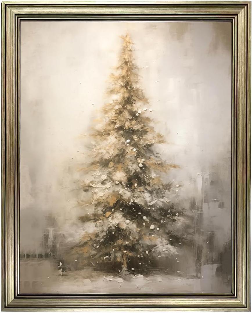 Vintage Christmas Wall Art Framed Christmas Decor Winter Canvas Print Pine Tree Painting Rustic Artwork Home Decor (20"L x 16"W)