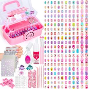 480 Pcs Kids Nails and Glue, Girls Press ons Nail Art Kit with Storage Case, Fake Nails Adhesive, Remover, Stickers, Glitter Cute Stuff Gift for Girls 8-12 (Pink)